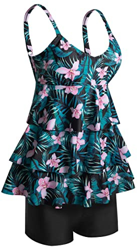 ECUPPER Womens Tankini Sets with Shorts Plus Size Swimwear 2 Piece Swimsuits Ruffle Flounce Tankini Top and Shorts Green Flower
