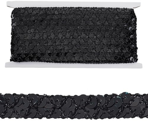 OLYCRAFT 13m Paillettenrolle Metallic 1.4cm breit Kein Stretch Paillettenbesatz 2-Reihig Glitter Stretch Bling Paillette Ribbon Schwarzer Zum Verzieren von Kleidern Und Zum Nähen von Stirnbändern
