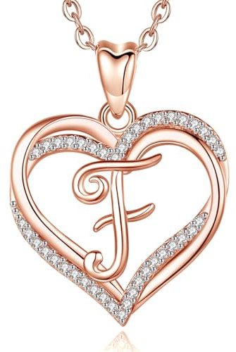 INFUSEU Collar de la Inicial F Colgante, Oro Rosa de Doble Corazón Alfabeto de Circonio Cúbico CZ Rose Gold Letter Joyas Regalos Románticos Para Las Mujeres Damas Novia