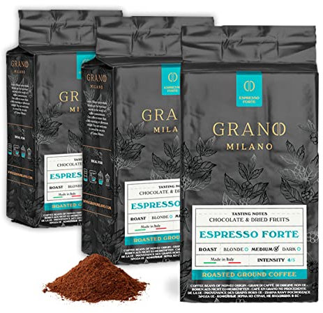 Grano Milano Ground Coffee 750g, Espresso Forte Arabica and Robusta, Medium Roast Intensity 4/5 Coffee, Made in Italy