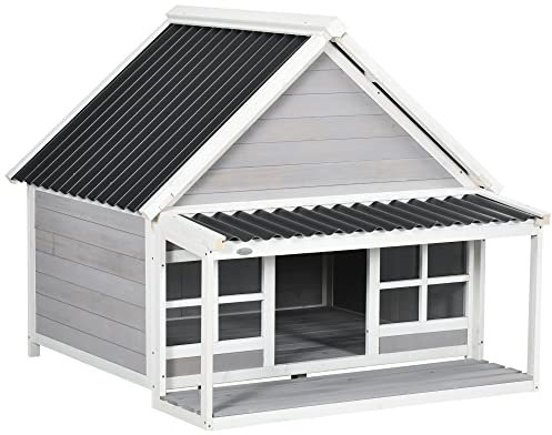 PawHut Hundehaus, Hundehütte mit Vordach, Hundehöhle für Mittele, Große Hunde, Outdoor Hütte, Kleintierhaus mit Fenster, Tannenholz, 126 x 118 x 105 cm