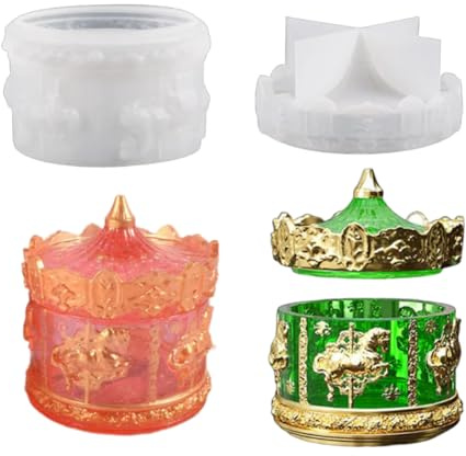 DIYBravo Molde de resina epoxi de silicona para carrusel con tapa, cuenco de resina, molde de fundición, recipiente, caja de almacenamiento, para joyero, tarro de caramelos