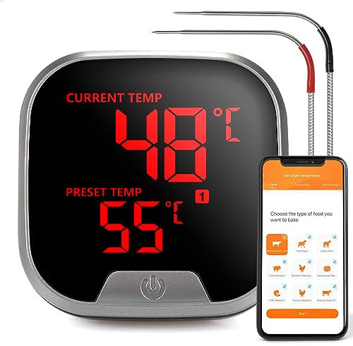 Silvergear® Fleischthermometer mit App | Grillthermometer Kabellos Bluetooth | BBQ Thermometer mit 2 Temperaturfühlern | 40m Reichweite | Digital Braten-Thermometer für Grill & Backofen| USB-Aufladbar