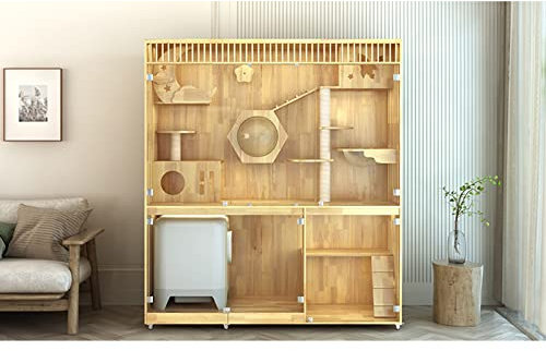 CLoxks Katzengehege im Freien Cat Villa Massivholz-Katzenkäfig, Katzenschrank, kann intelligente Katzentoilette nach Hause, Katzenstreu, Klettergerüst, Katzenhaus Stellen Katzenhütte