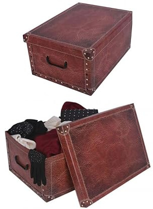 Kreher® 2 Stück Aufbewahrungsbox mit Deckel, Deko Papp-Karton, Stapelbox, 45 Liter mit Griffen, 51 x 37 x 24 cm (Leder Rot)