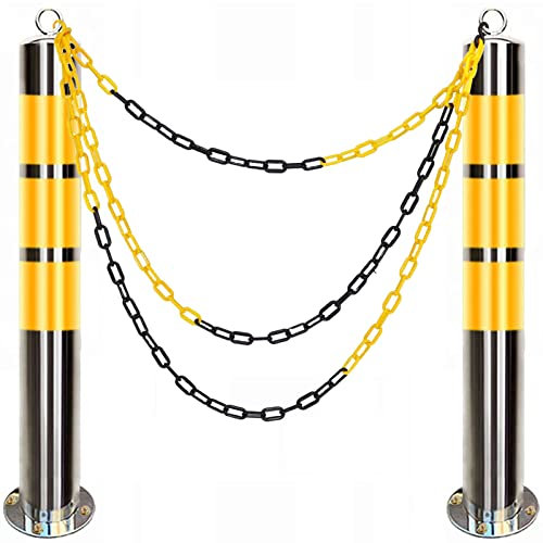 Sicherheitszapfen Hochleistungs-Parkpfosten, 2er-Set, Parkblock mit 5 m Absperrkette, Edelstahlkegel mit breiterem Kragen aus reflektierenden Streifen (Größe: 650 mm H x 76 mm T (25,6 Zoll H x 3 Zoll