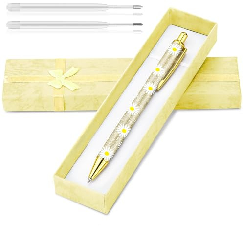 Wincredulous 1 Piece Sparkly Floral Pens Gift Set,Floral Pen,Bling Metal Floral Pen,Shiny Daisy Ballpoint Pen,Smooth Writing,Black Ink Retractable Ballpoint Pens,Pretty Flora Pens for Women (White)