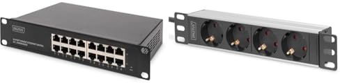DIGITUS Gigabit Ethernet Netzwerk-Switch - 10 Zoll - 16 Ports & 4-Fach Steckdosenleiste - 1HE - 10-Zoll (254 mm) - Rack-Montage in Netzwerk-Schrank - Silber/Schwarz
