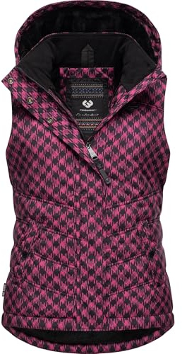 Ragwear Gilet d'extérieur sans manches pour femme - Veste d'hiver chaude, imperméable et respirante avec motif pied-de-poule tendance et capuche amovible - Imprimé Hesty - YOUMODO XS à 3XL, fuchsia, L