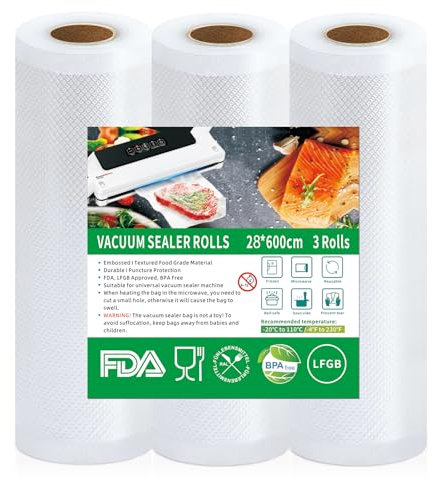 Votoko 3 Rollos Bolsas Vacio Alimentos, 28x600cm Gofradas Rollo Bolsas Envasar al Vacio Alimentos, BPA Free, Rollos Envasadora al Vacio para Envasadora al Vacío e Sous Vide