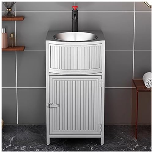 ZTGL Lavandino A Colonna da Esterno in Ferro Battuto, Stile Industriale Mobile da Bagno con Lavabo e Almacenamiento, Lavabo Freestanding Bagno con Rubinetto e Scarico,Argento,Without Mirror