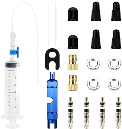 5 Pezzi Biciclette Siringa di Liquido Sigillante di Tubeless Set, 18 Pezzi Strumento di Rimozione Valvola Presta Valve Kit, Parti della Valvola Kit Montaggio Tubeless di Riparazione di Bici per MTB