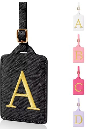 Personalized Initial Luggage Tags for Suitcases,Leather Letter Cute Luggage Tags with Privacy Name Card,Embroidered Monogrammed Travel Bag Backpack Tag Gifts for Women Kids Girls Teens(Black-A)