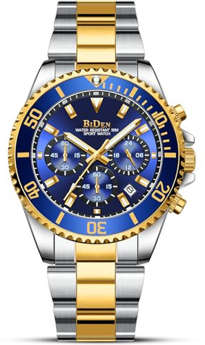 LN LENQIN Mens Watches Analog Quartz Watches with Stainless Steel Straps 30M Waterproof Wrist Watch for Men Fashion Chronograph Watch with Date -Silber Gold Blau