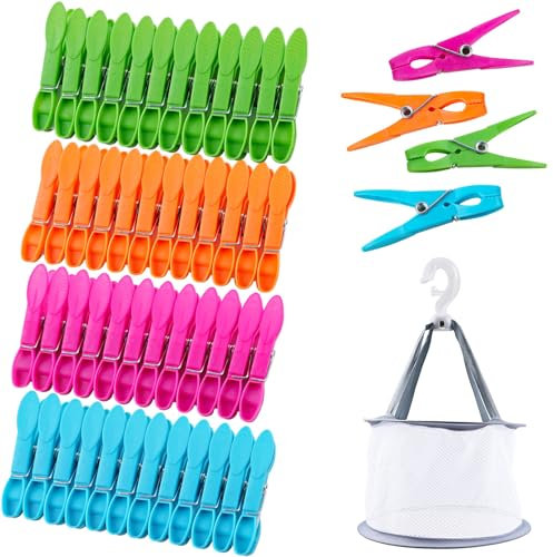 KEYBOO 48 Stück Wäscheklammern with Wäscheklammern Korb, Windfeste Bunte klammerbeutel für wäscheklammern, Plastik Wäscheklammerns Ohne Abdruck sockenklammern für Wäscheleinen und Kleidung, Socken