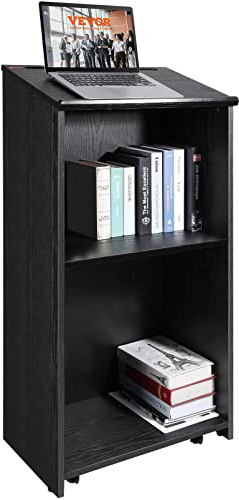VEVOR Podium Stand, 47 in Hostess Stand with 4 Rolling Wheels, Wood Podium with Storage Shelves, and Slant Desktop, Lecterns & Podiums for Church, Office, School, Home, Black