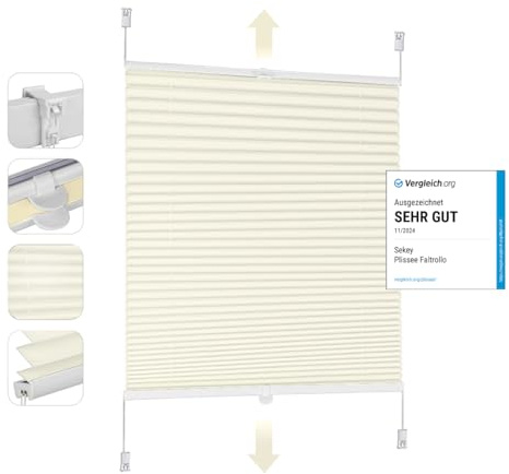 Sekey Pleated Blinds Klemmfix No Drilling 100 x 130 cm Folding Roller Blind for Door and Window Opaque Privacy Screen Sun Protection Ready Pleated Blind 100 cm Wide Beige