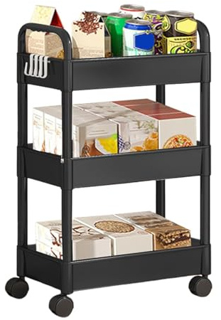 Braozaiw 3-stöckiger Aufbewahrungswagen, Rollwagen mit Rädern, Kunststoff, extra hängende Tassen und Haken für Küche, Wohnzimmer, Badezimmer, Büro