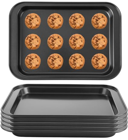 LOPYXBR 6Packs Small Baking Trays for Oven Non Stick, 31x21.5 cm Black Oven Trays Non Stick, Depth 25mm Carbon Steel Cooking Tray for Ovens, Heavy-Duty Small Roasting Tin for Baking Pastry Cake