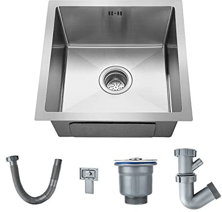 CROWNSHOP Kitchen Sink Stainless Steel Undermount Sink Square Inset Single Bowl with Drainer Waste for Kitchen Utility Room Bar (43 x 43 x 21CM)