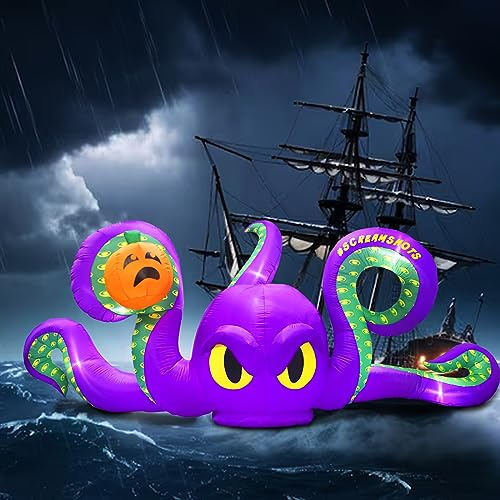 PARAYOYO 360CM Halloween Aufblasbarer Oktopus mit Kürbis Eingebaut 7 integrierten LED-Leuchten für Halloween Deko Outdoor Aufblasbar