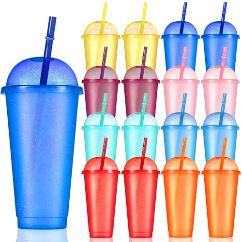 CoKeeSun Tumblers with Lids & Straws, Smoothie Cups 16PCS, 24oz/710ml Colour Changing Cups 8 Colors, Recyclable and Reusable Plastic Cups, Iced Coffee Cup for Party Kid Travel Mugs