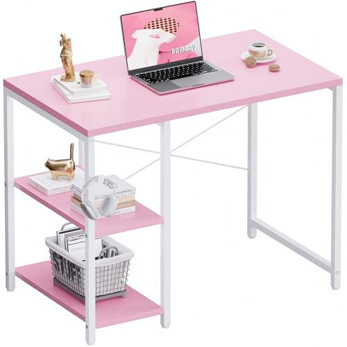 PAMRAY 80 cm Escritorio Compacto con Estantes, Mueble de Oficina en Casa con Gancho para Auriculares, Mesa para Computadora de Estudio en Espacios Reducidos, Rosa