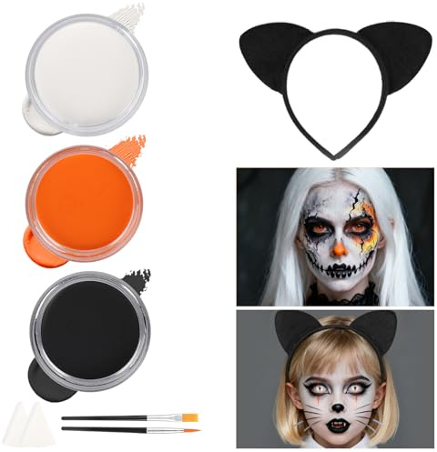 Kit de pintura facial de Halloween para niños y adultos, maquillaje 8 en 1, no tóxico, fácil de lavar, con 3 colores, pinceles, esponjas, orejas de gato, diadema para fiesta de Halloween, zombi