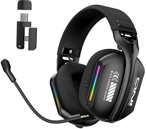 Kexpery Casque Gamer sans Fil avec RGB Lumineux Bluetooth 5.3 2.4GHz Micro détachable Confort Longue durée Casque Gaming PC