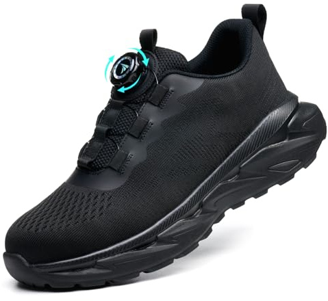 BAGHUY Steel Toe Cap Trainers Work Safety Trainers Mens Womens Lightweight Safety Shoes Comfortable Industrial Work Boots Steel Toe Cap Shoes with Swivel Buckle Shoelaces，Black,UK 8