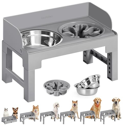 Feandrea Dog Bowls Elevated, Raised Stand with 1 Slow Feeder and Two 304 Stainless Steel Bowls, Adjustable Height and Tilted Design, Dove Gray UPRB103GD01