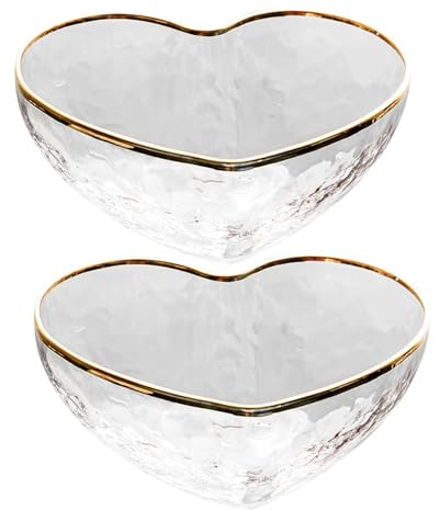 BESPORTBLE 2Pcs Heart-Shaped Glass Dessert Bowls with Embossed Pattern and Gold Rim, Multipurpose Glass Bowls for Fruit Salad, Jelly, and Decorative Serving in Home Dining