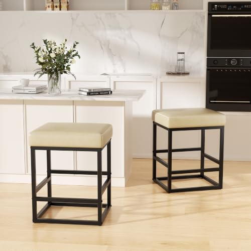 YUUIJOAA Bar Stool Set of 2, Breakfast Barstools 61 cm,Kitchen Bar Stools with Footrest & Soft PU Leather Cover, Sturdy Metal Bar Stool for Kitchen, Bar & Living Area (BEIGE)