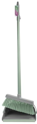 JVL Long Handle Lobby Dustpan and Brush Set – Commercial Upright Broom and Pan, Stand Up Floor Sweeper Set, Grey