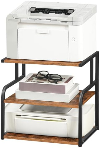 HOOBRO Printer Stand, 3-Tier Desktop Printer Table, Under Desk Printer Storage Office Organizer, Storage Rack with Adjustable Shelf, for Home Office, Living Room, Rustic Brown and Black EBF06PS01