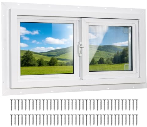 Yuzzy Fenêtre de sous-sol en vinyle de 61 cm x 30,5 cm avec double panneau isolé en verre trempé et écran en fibre de verre, fenêtres coulissantes robustes pour sous-sol, salle de bain, garage, abri