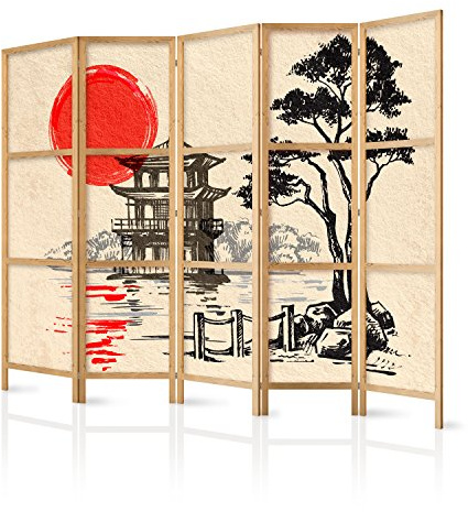 murando Room divider XXL Japonais Orient Zen 225x171cm 5 panels | single sided non woven fabric German quality room divider wood pattern design hand made Home office Japan