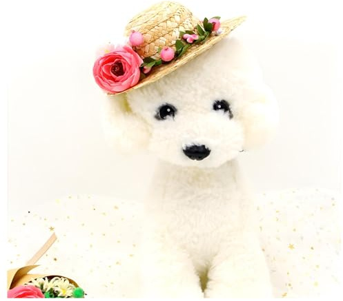 NACOCO Cat Hat Sunflower Straw Hat Handcrafted Rose Lovely Sun Cap Accessories for Small Dogs and Cats Photograph (M, Pink Rose)
