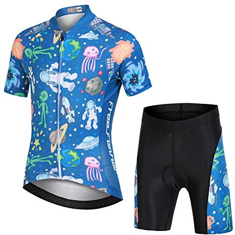 YFPICO Niños Traje de Ciclismo Transpirable para Deportes al Aire Libre Ropa Ajustada Cuerpo Pantalones + Tops Especial de la Almohadilla, Azul Alien Tops+Pantalones, L (6-8 años)