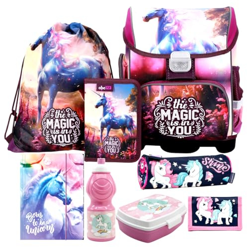 Einhorn Unicorn Pferd Pony Horse 8 Teile Set Schulranzen Schultasche Ranzen Tornister Federmappe mit Sticker-von-Kids4shop pink