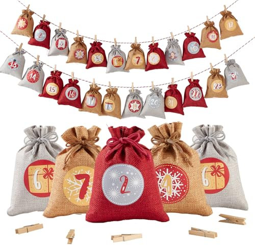 Adventskalender zum Befüllen, Gedruckte Weihnachtskalender Jutesäckchen Selberfüllen, 24 Groß jutebeutel Kette zum selber befüllbar und Aufhängen, 2025 Geschenksäckchen für Kinder (Rot)