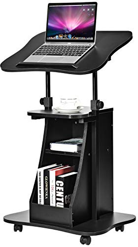GIANTEX höhenverstellbarer Schreibtisch mit neigbarer Tischplatte | Computertisch 66-110 cm, Stehtisch auf Rollen, Laptoptisch PC Tisch Arbeitstisch mit Regal schwarz