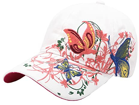FSSTUD Butterfly Embroidered Baseball Cap - Adjustable Snapback for Women - Travel, Sports, Beach Sun Protection, Trucker, Hiking Hat - White