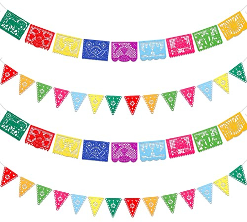 Qpout 4-pack mexikanska festdekorationer banderoller filt Dia De Los Muertos girlang färgglad mexikansk fiesta papper picadosbanderoll för fiesta födelsedag baby shower festdekorationer inomhus