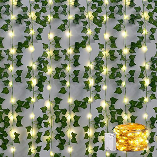 Artificial Ivy Leaf Garland,16 Pack 110 Ft (33.6m) Hanging Fake Ivy Vines Plants,UV Resistant,with 200 LED Fairy String Lights,for Wedding Party Garden Indoor Outdoor Wall Home Rroom Office Decoration