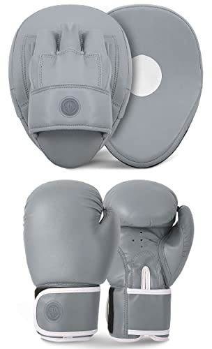 Lions Focus Pads and Gloves Set - Boxing Hook and Jabs Sparring Punch Martial Arts MMA Punching Mitts Muay Thai Kickboxing Coach Glove Sets for Men Women (GREY-CLASSIC, 12OZ)