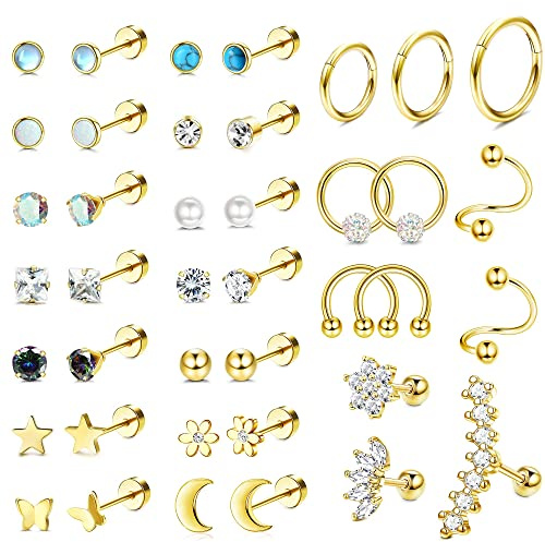 Milacolato Chirurgenstahl Ohrknorpel Ohrstecker Ohrringe Set für Damen Herren Kleine CZ Opal Flat Back Ohrstecker Creolen 20G Septum Helix Conch Daith Tragus Ohr Piercing Schmuck 40Gold