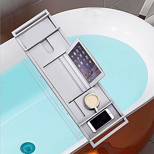 Vasca da bagno estensibile in bambù, vassoio vasca da bagno esperienza spa, supporto integrato per libro e tablet, 70 cm-105 cm (grigio)