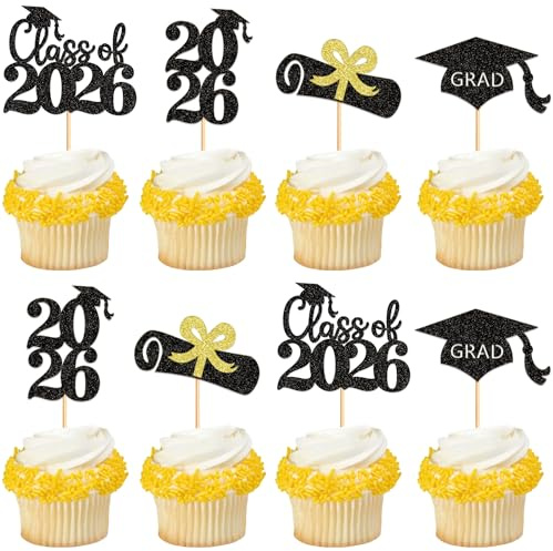 Blumomon 24 Stück Glitzer Abschlussmütze Diplom Klasse 2026 Torten Topper 2026 Abschluss Kuchen Topper Bachelor Student Abschluss Gratulation Partie Dekor 2026 Graduation Cupcake Topper