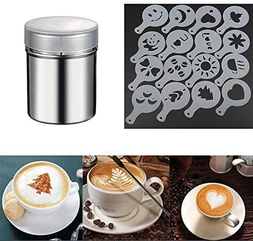 Anicy Esparcidor de cacao para capuchino, azúcar en polvo, 1 pieza de acero inoxidable con 16 plantillas de café, moldes de impresión para decoración de pan de chocolate caliente